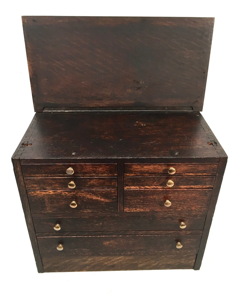 Antique Tabletop Wooden Tool Chest / Collectors Drawers Storage Box c.1900