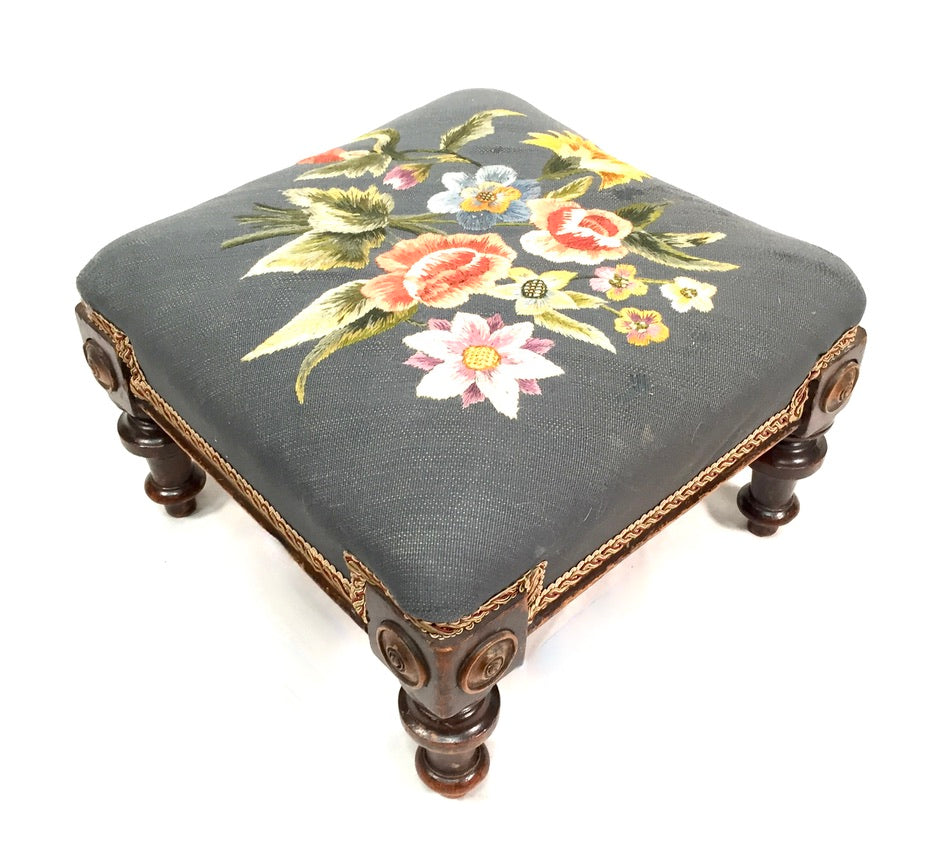 Antique Pair of Wooden Edwardian Floral Needlepoint Footstools / Feet Rests 1910