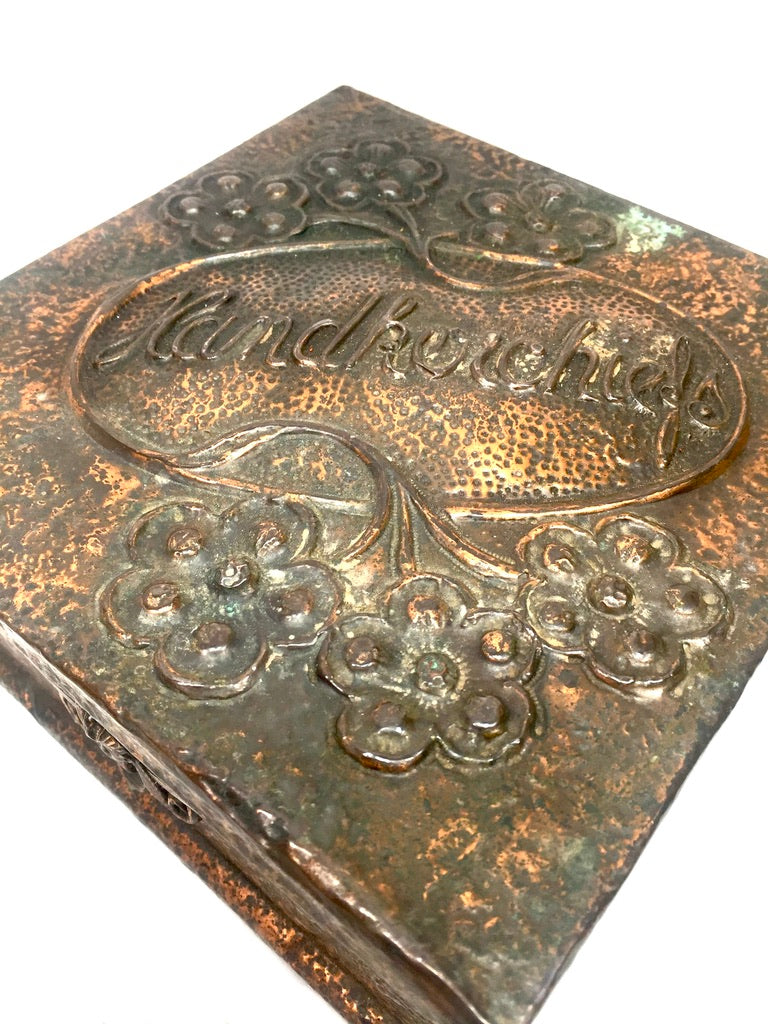 Antique Arts & Crafts Repousse & Hammered Copper Handkerchief Box c.1930