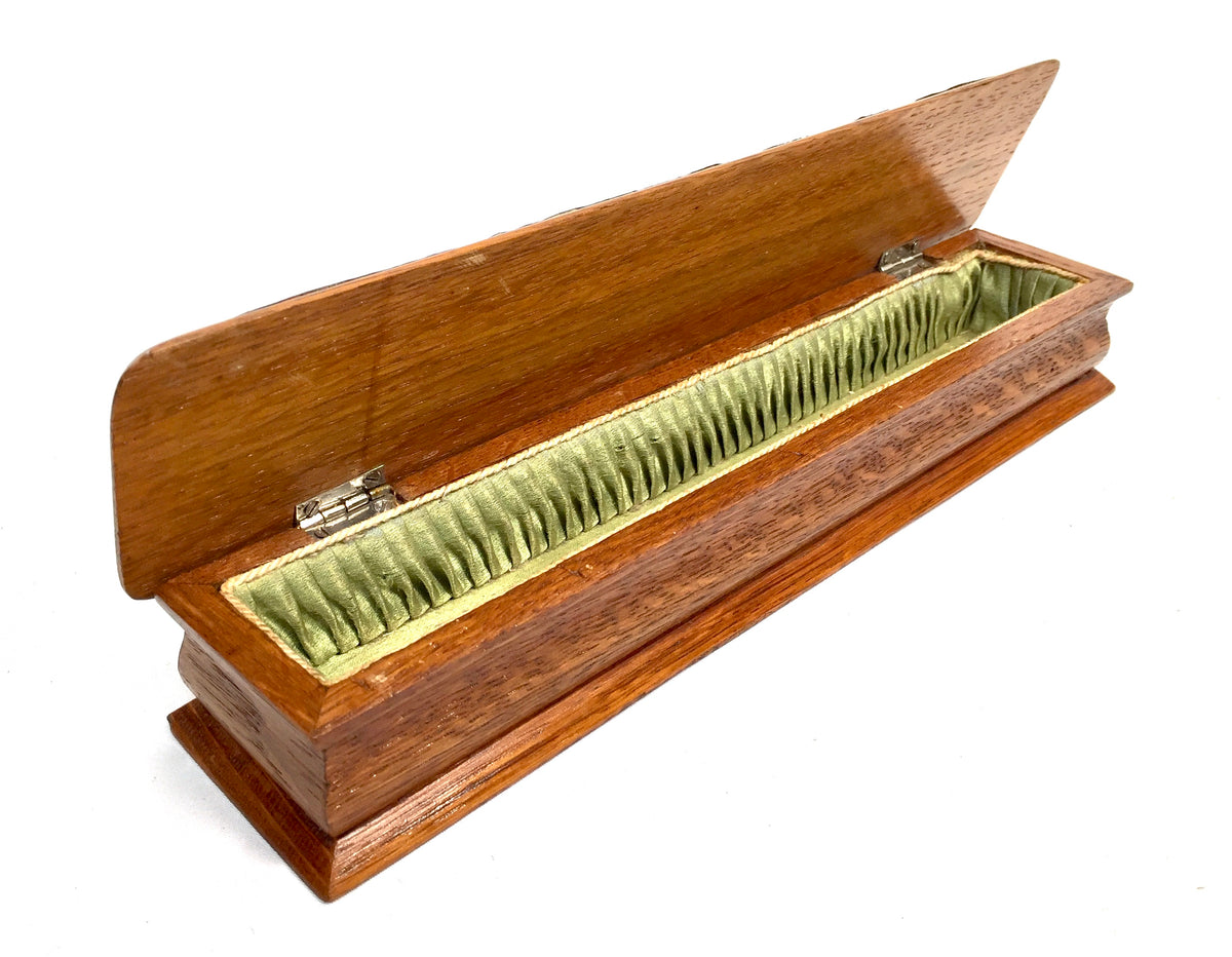 Antique Wooden Oak & Silver Hand Fan Storage Box Trinket Hallmarked Chester 1909