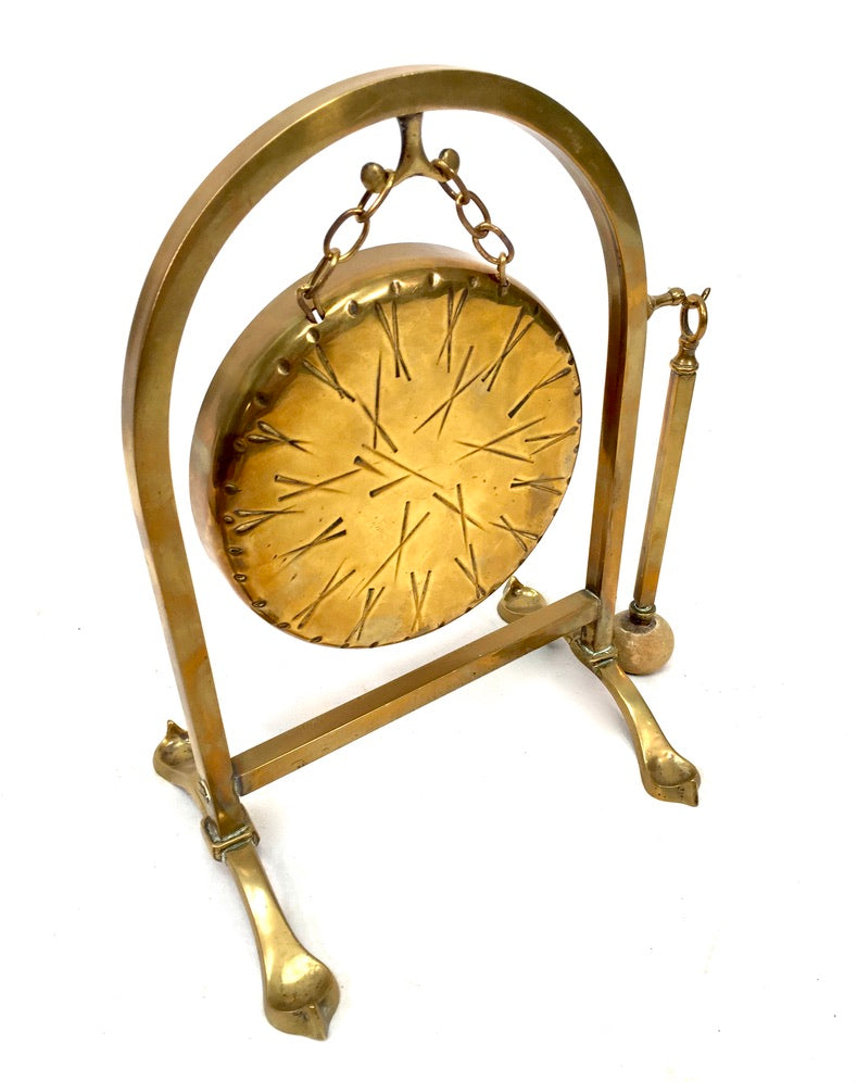 Vintage Tabletop Solid Brass Dinner Gong Stand & Mallet / Antique c.1950