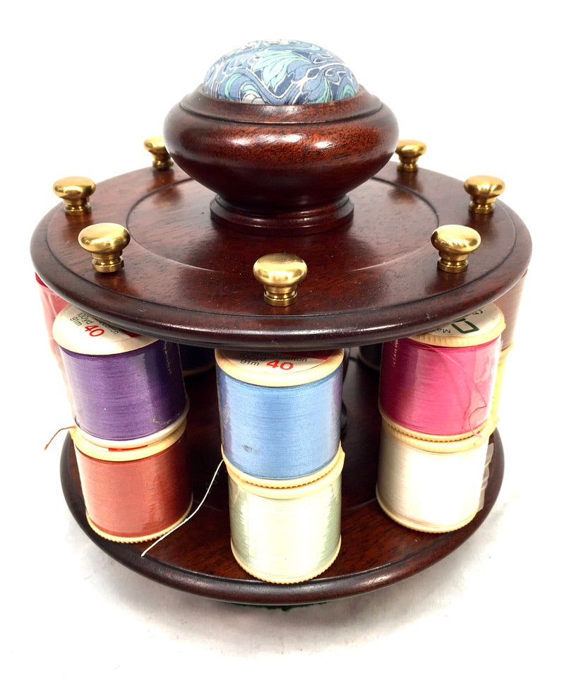 Vintage Mahogany Wood Tabletop Revolving Cotton Spool Reel Holder & Pin Cushion