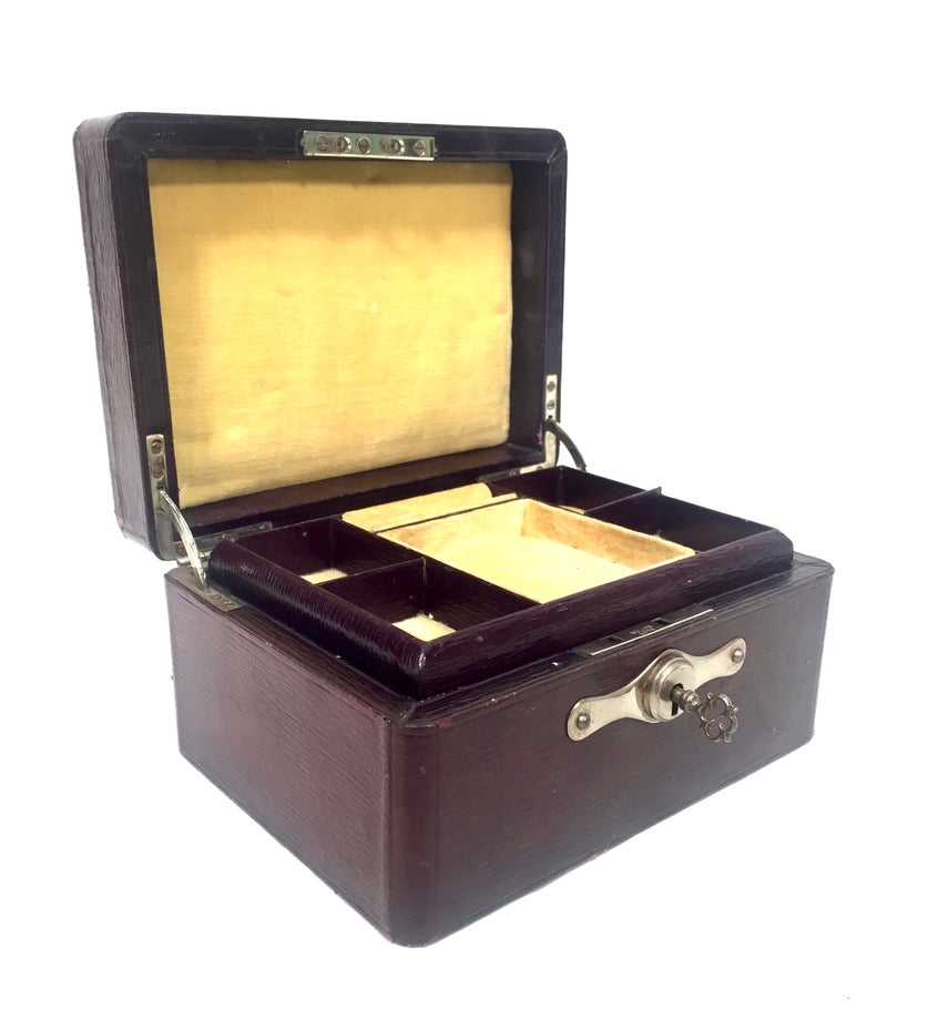 Antique Edwardian Leather Jewellery / Trinket Box with Key &amp; Working Lock c.1910
