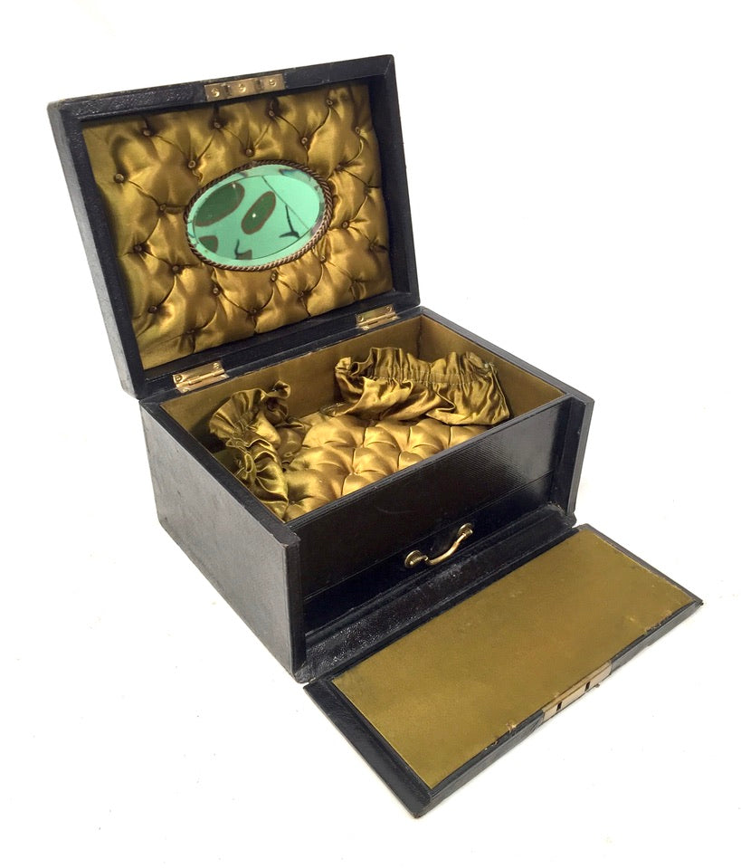 Antique 19th Century Black Leather & Brass Jewellery Trinket Storage Box c.1880