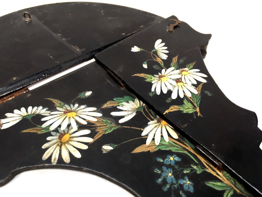 Antique Victorian Black Ebonised Wooden Hand Painted Folding Wall Shelf c.1900
