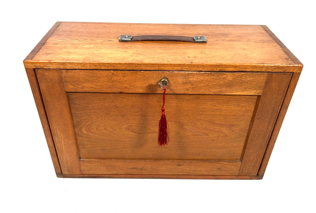Antique Wooden Oak Engineers Toolbox / Tool Box Collectors Cabinet & Key c.1950