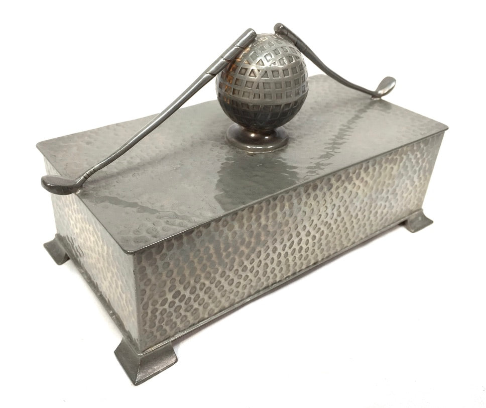 Antique English Pewter Art Deco Cigar Box Golf Ball & Clubs c.1930 Wood Lined