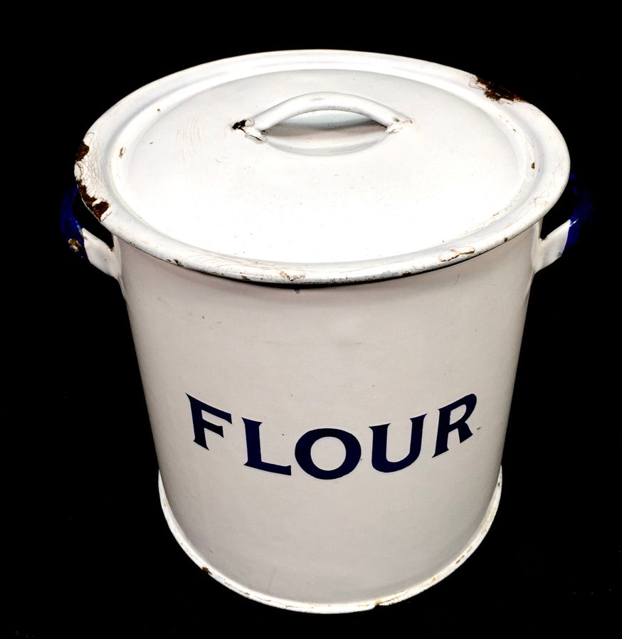 Antique Kitchenalia White & Blue Large Enamel Flour Bin & Lid Storage Box c.1950