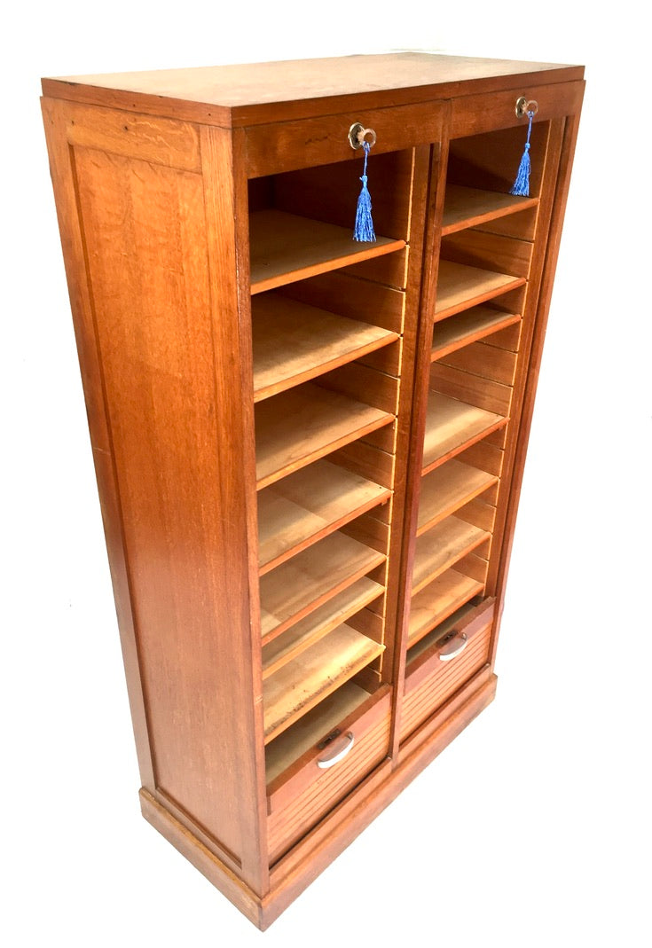 Antique 1950s Wood Oak Double Tambour Fronted Office Paper Filing Cabinet & Keys