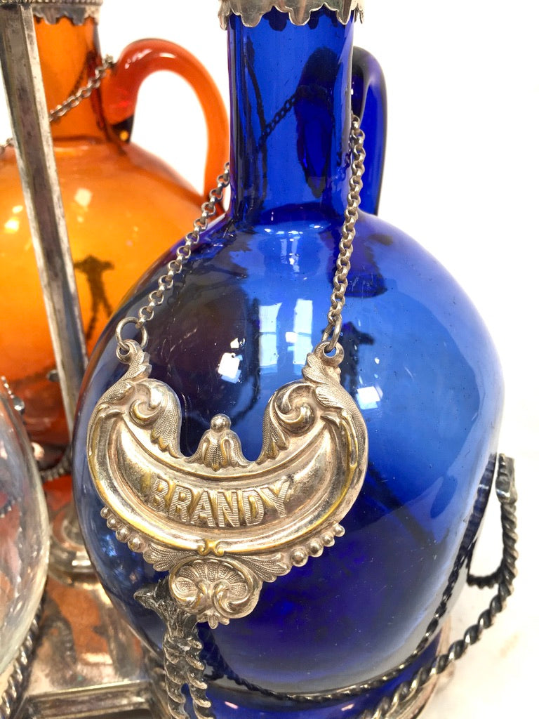 Antique Victorian Blue, Brown and Clear Glass Flagon Decanter Set Display Stand