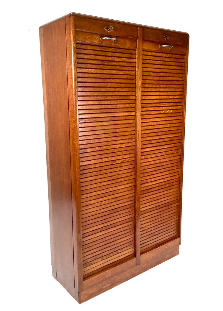 Antique 1930s Wood Oak Double Tambour Fronted Office Paper Filing Cabinet & Key