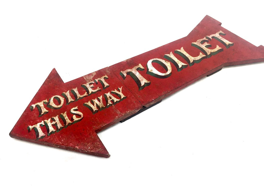 Vintage Wooden Hand Painted on Boards Red & White Toilet This Way Sign Arrow