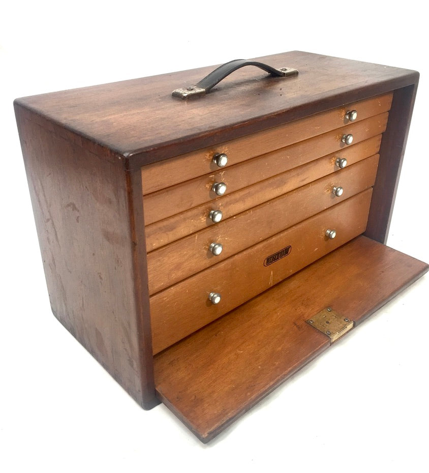 Antique Wooden Union Engineers Toolbox / Tool Box Collectors Cabinet with Key