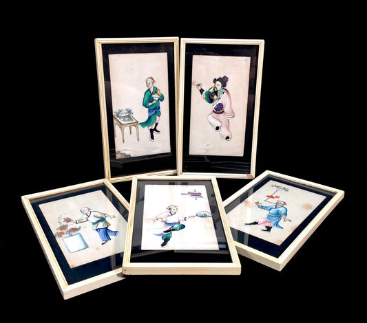 Antique Hand Painted Watercolour Framed Painting Set on Rice / Pith Paper c.1900