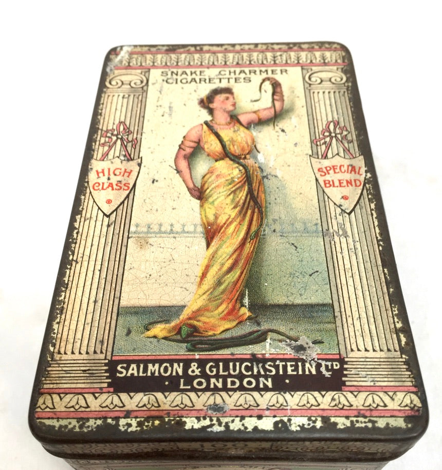 Antique Salmon and Gluckstein 100 Snake Charmer Cigarette Tin / RARE Large Size