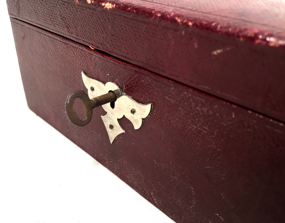 Antique Edwardian Leather Tabletop Cash Box / Jewellery Cabinet with Key c.1910