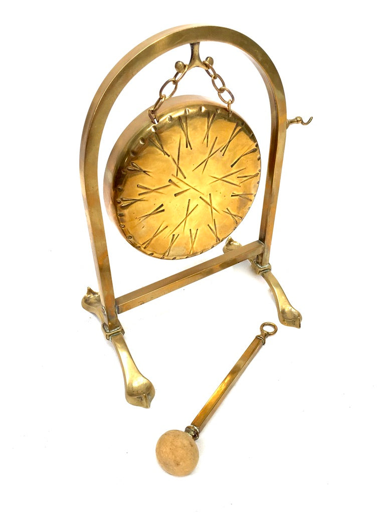 Vintage Tabletop Solid Brass Dinner Gong Stand & Mallet / Antique c.1950