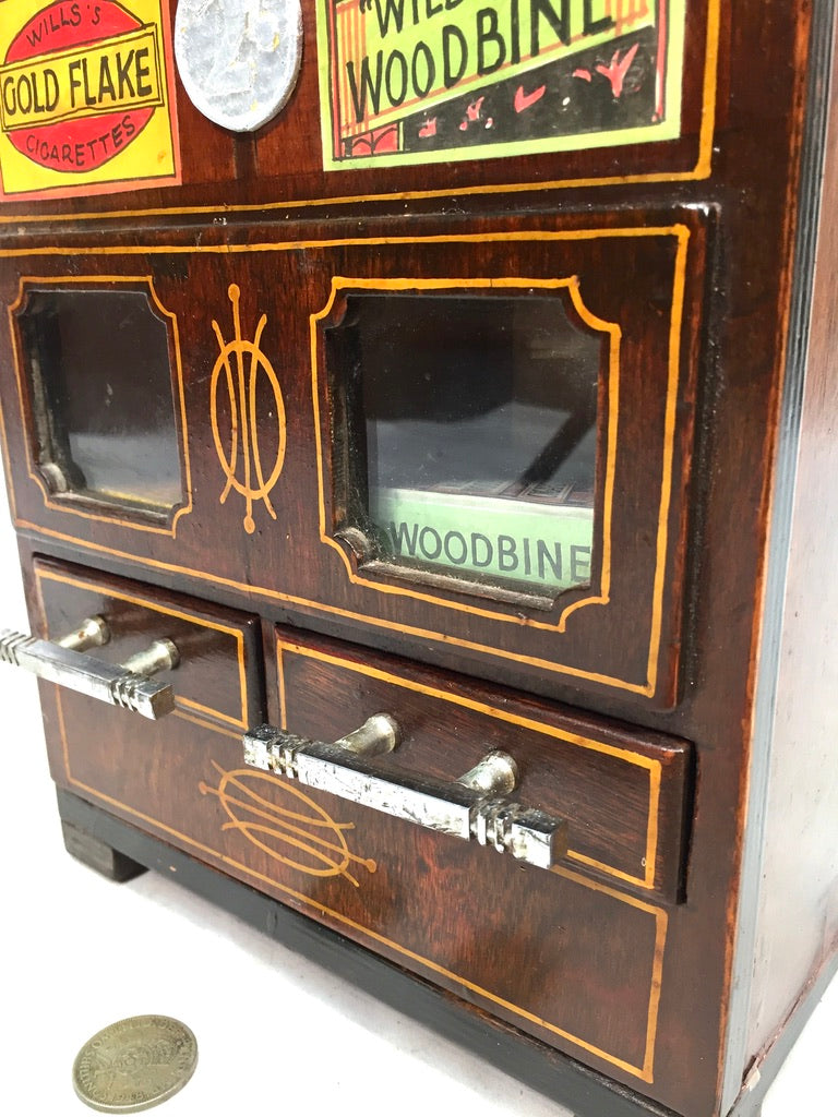 Antique Advertising - Wooden Coin Operated Cigarette Vending Machine / Working