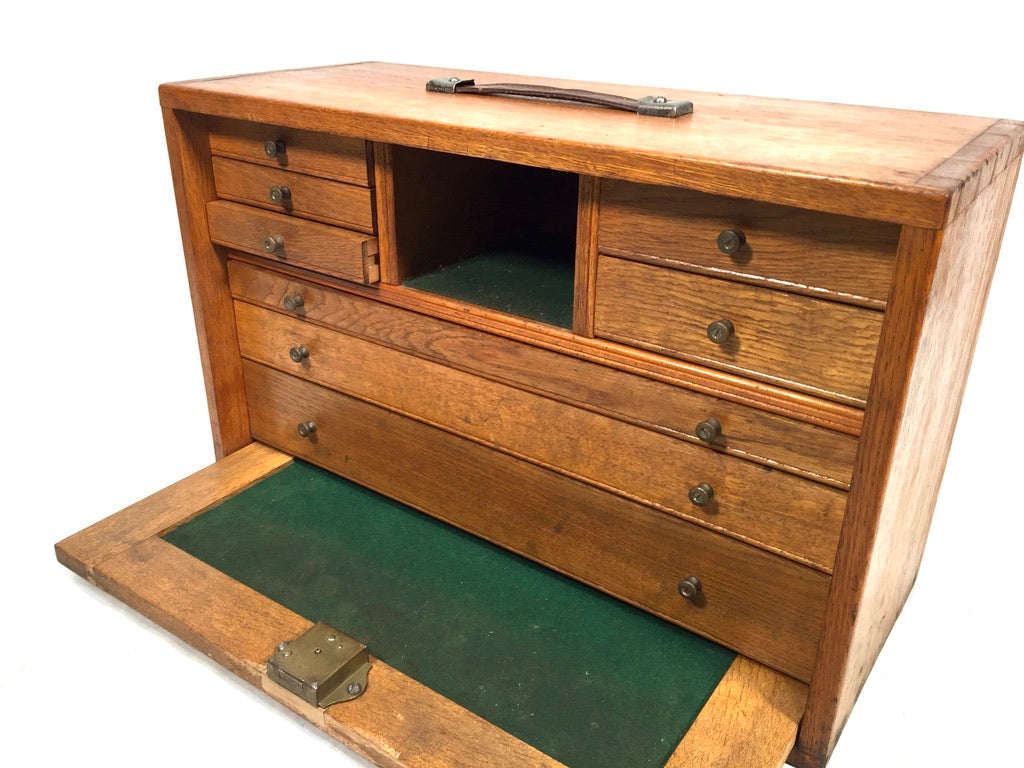Antique Wooden Oak Engineers Toolbox / Tool Box Collectors Cabinet & Key c.1950