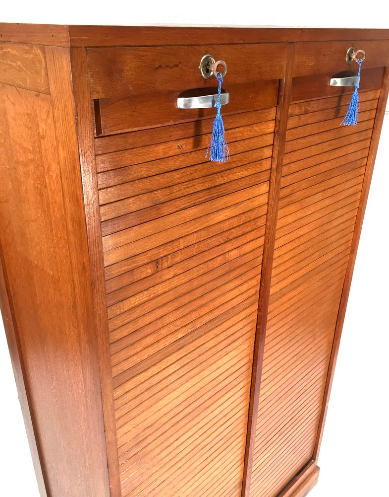 Antique 1950s Wood Oak Double Tambour Fronted Office Paper Filing Cabinet & Keys