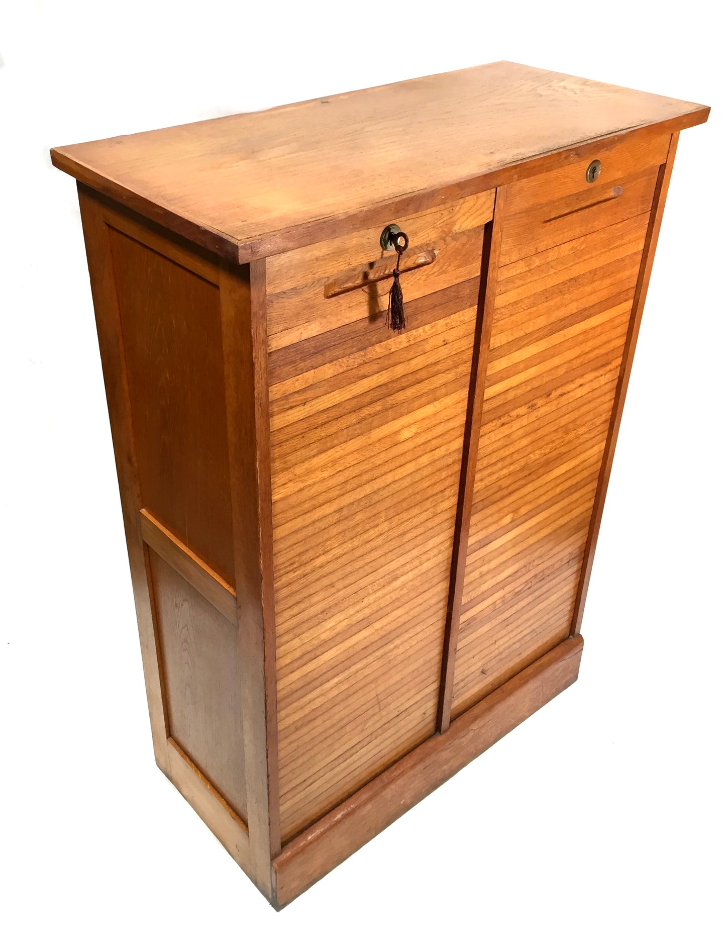 Antique 1950s Wood Oak Double Tambour Fronted Office Paper Filing Cabinet & Key