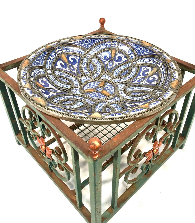 Vintage Hand Crafted Moroccan Style Bowl Outdoor Green Copper Toned Metal Stand