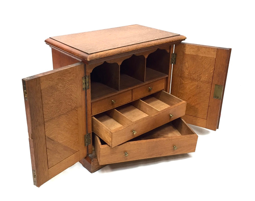 Antique Tabletop Oak Wooden Desk Stationery Box / Cabinet / Cupboard c.1920 Key