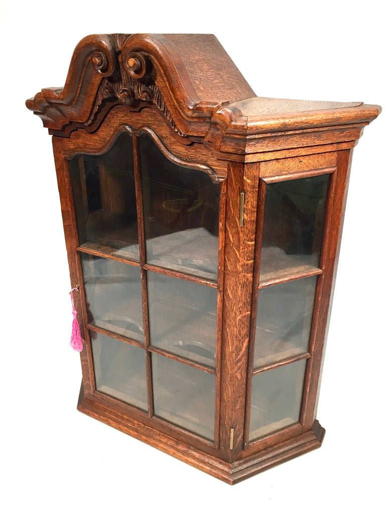 Antique Wooden Oak & Glass Wall Hanging Display Cabinet Storage Shelf with Key