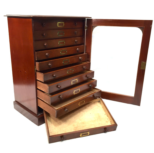 Antique Victorian Mahogany & Glass Specimen Collectors Filing Drawer Cabinet