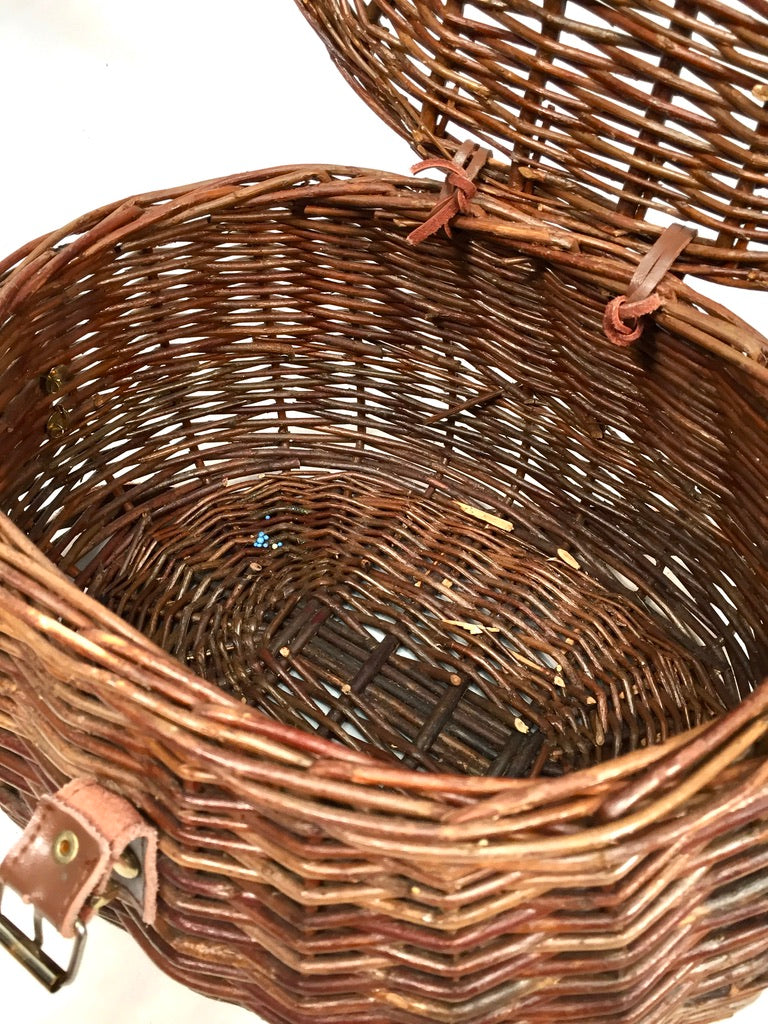 Vintage Wicker Fishing Creel Basket Hamper With Strap / Storage Bin 1960 Antique