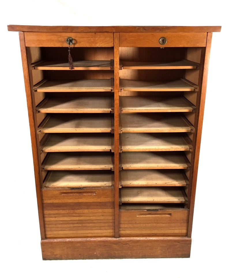 Antique 1950s Wood Oak Double Tambour Fronted Office Paper Filing Cabinet & Key
