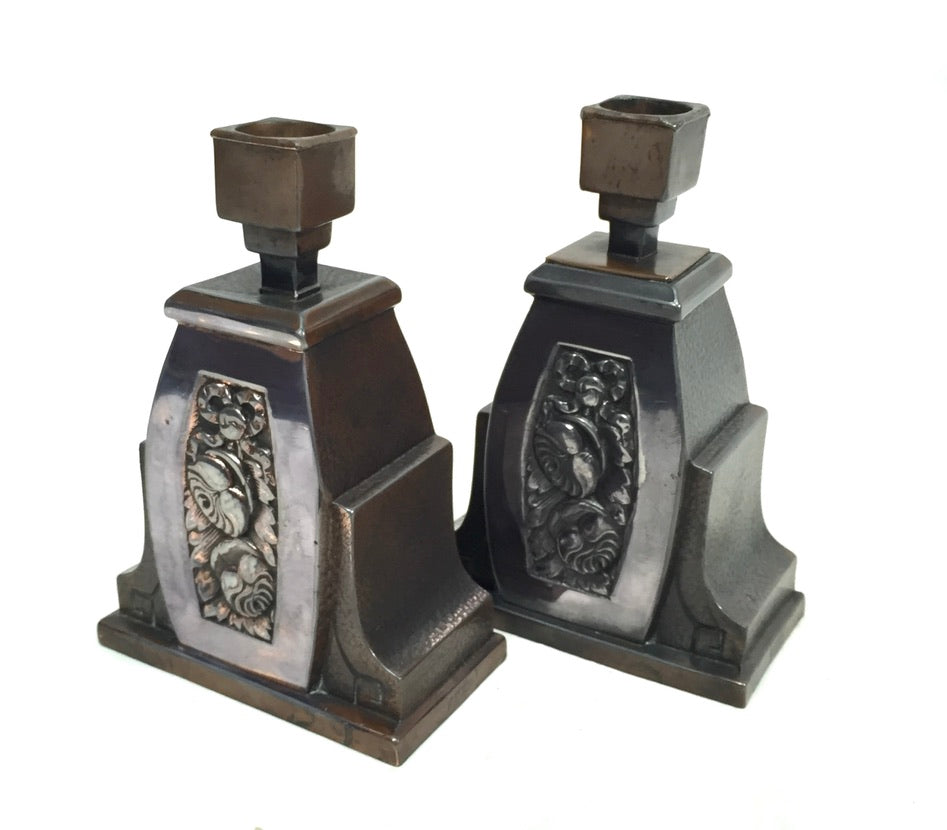 Antique Arts & Crafts Hammered Copper Metal Pair of Candlestick Holders c.1930