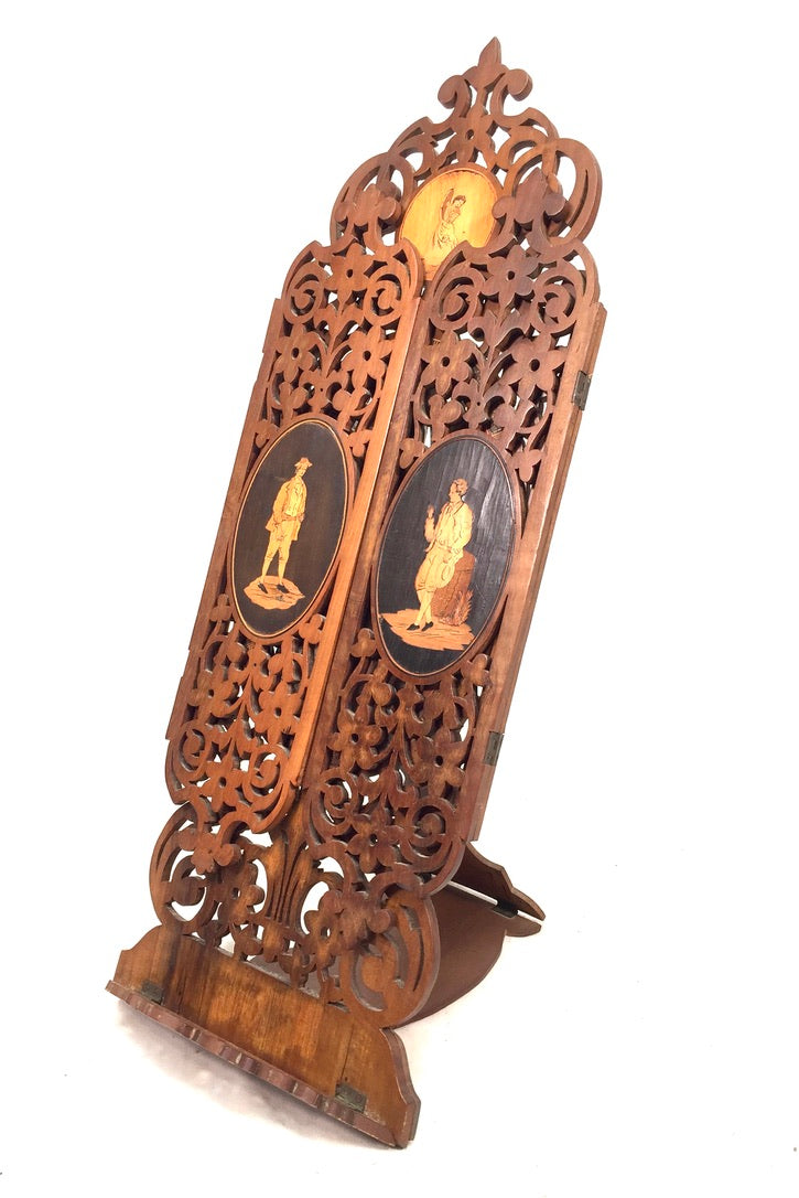 Antique Tabletop Hand Carved Wooden Sorrento Ware Triptych Vanity Mirror c.1900