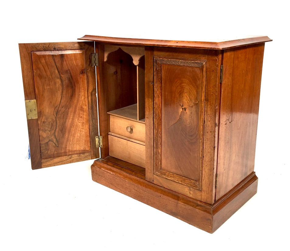Antique Wooden Walnut Tabletop Cabinet Storage Box Desk Organiser & Key c.1930