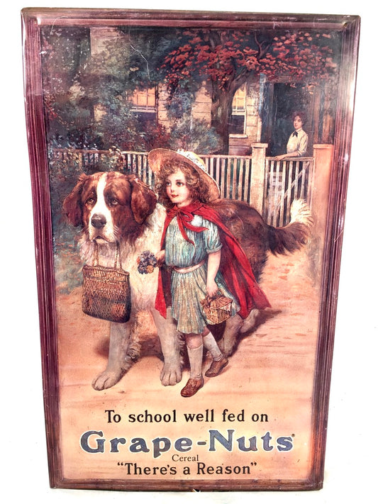 Antique Advertising - Large Tin Showcard Sign for Grape-Nuts Cereal 20th Century