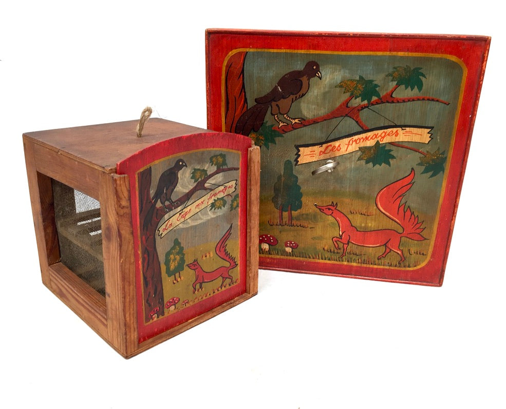Antique Wooden Hand Painted French Cheese Box / Fromager / Garde Manger & Board