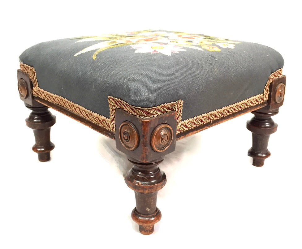 Antique Pair of Wooden Edwardian Floral Needlepoint Footstools / Feet Rests 1910