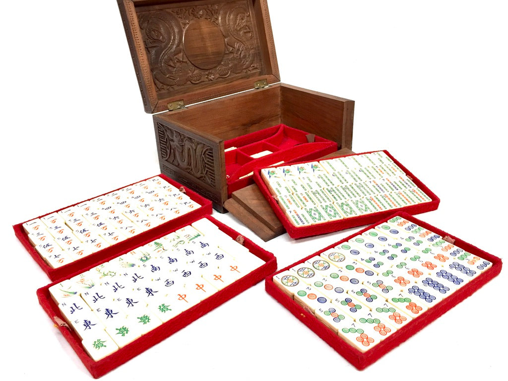 Antique Mahjong Game Carved Box / Bone & Bamboo Tiles / Mah Jong Game / Complete