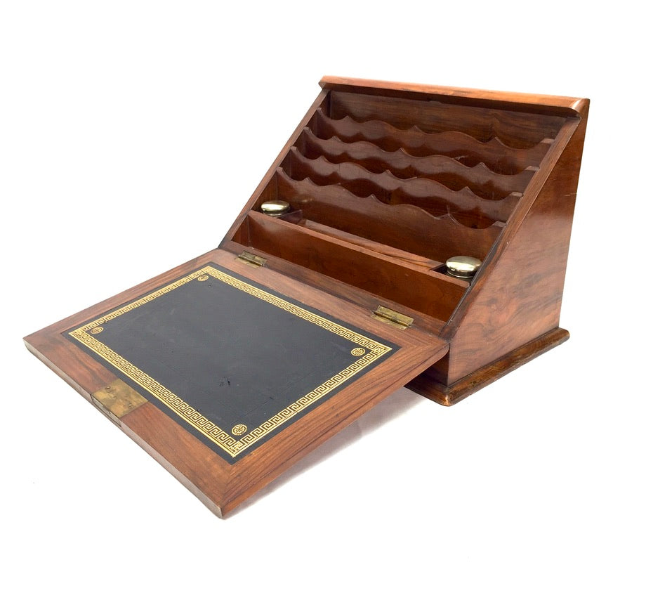 Antique Wooden Walnut Victorian Stationery Box Organiser Writing Slope with Key