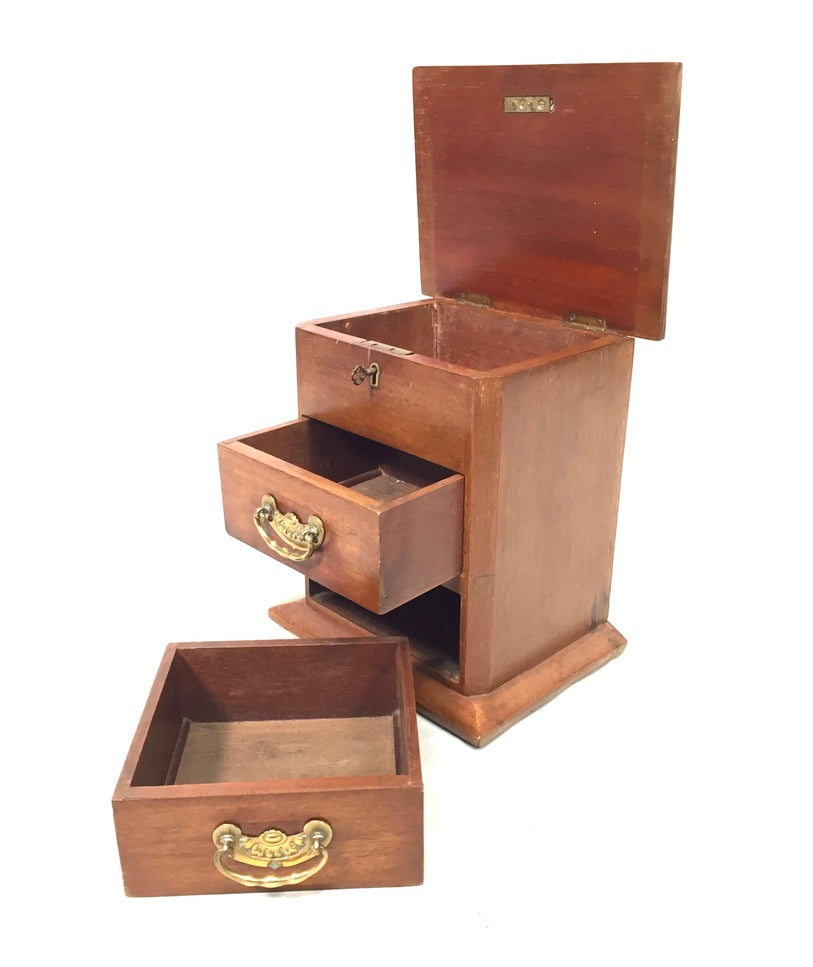 Antique Tabletop Wooden Chest of Drawers / Storage Box / Cabinet with Key