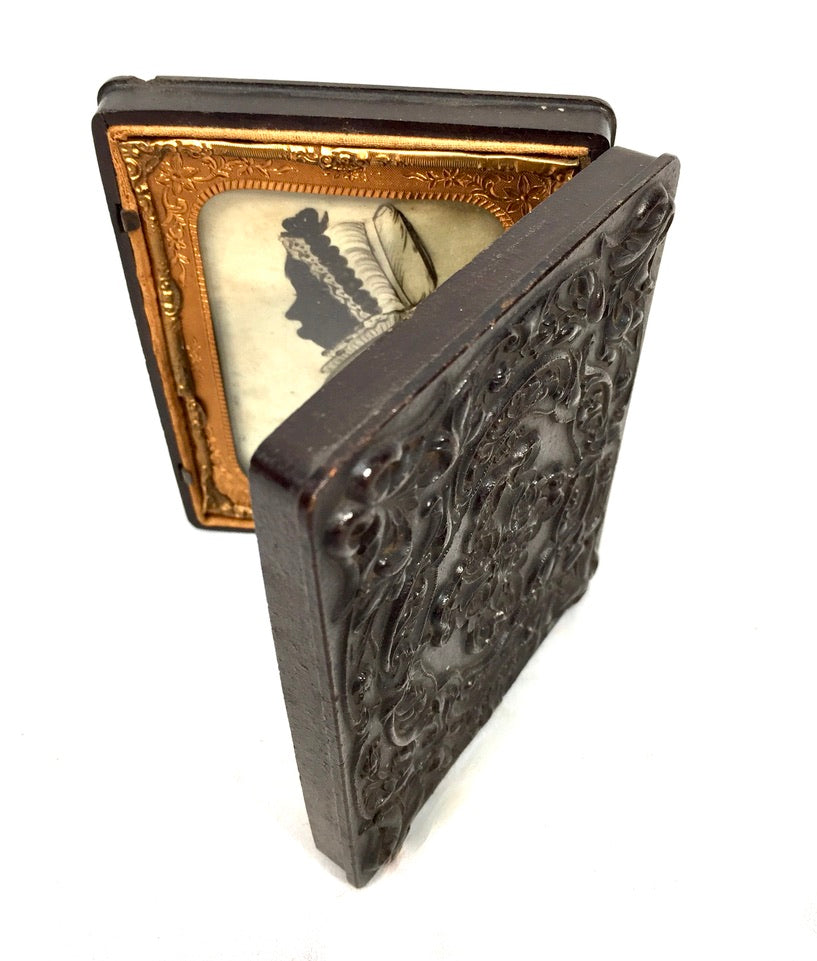 Antique Victorian Ambrotype Silhouette Portrait Wooden Carved Travel Case c.1850