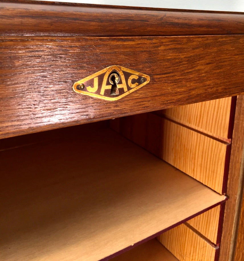 Antique 1930s Wood Oak Double Tambour Fronted Office Paper Filing Cabinet & Key