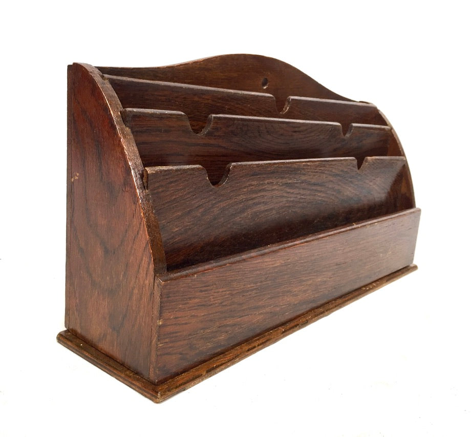 Antique Wooden Oak Desktop Letter Rack / Stationery Holder / Mid 20th Century