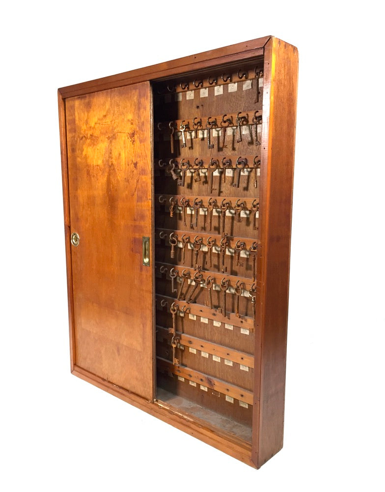 Antique 1930s Large Wall Hanging Wooden Hotel Key Storage Cabinet / Cupboard