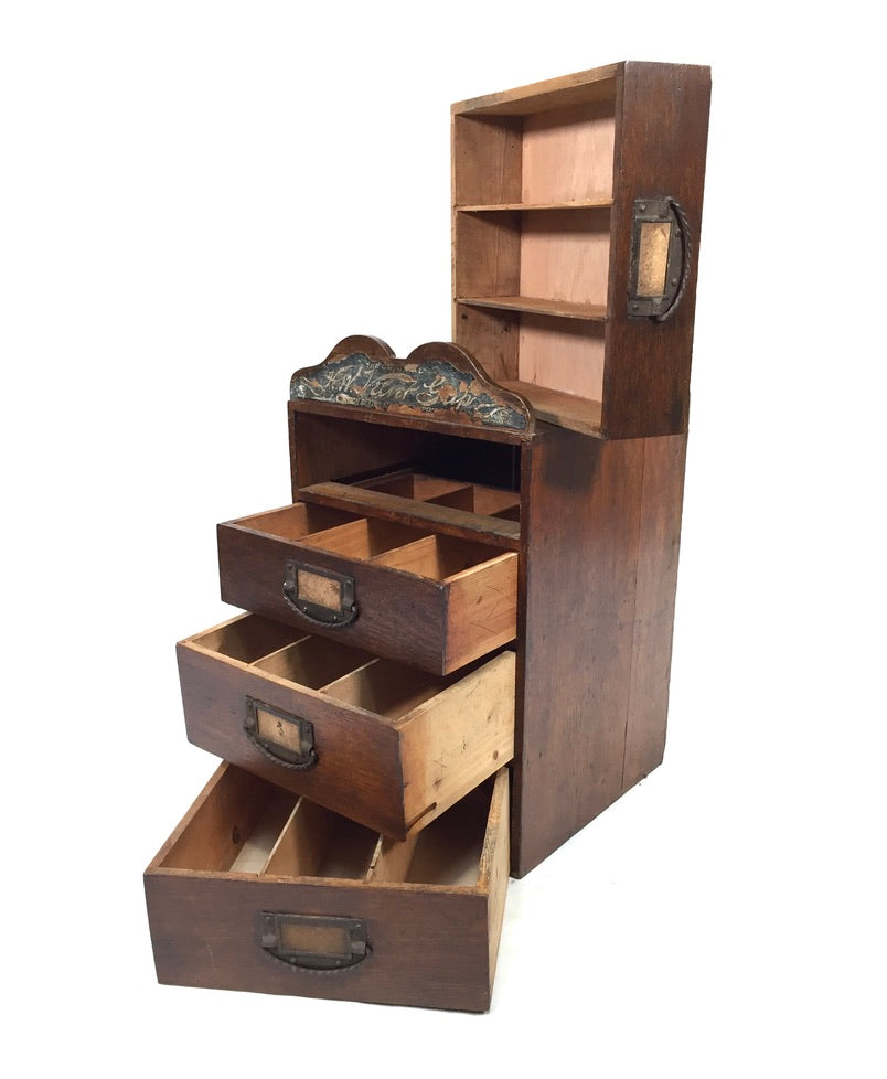 Antique Advertising - Oak Wooden Tabletop Haberdashery Shop Drawers c.1900