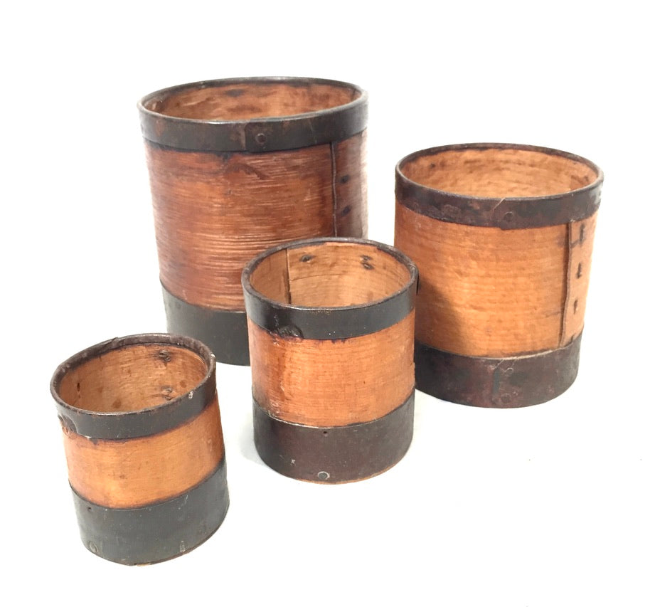 Antique Bentwood & Iron Set of 4 Grain Measuring Pots / Storage Cups c.1890
