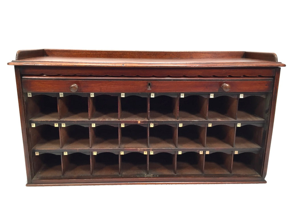 Antique Wooden Tambour Fronted Cabinet Pigeon Hole Stationery Box with Key c1930