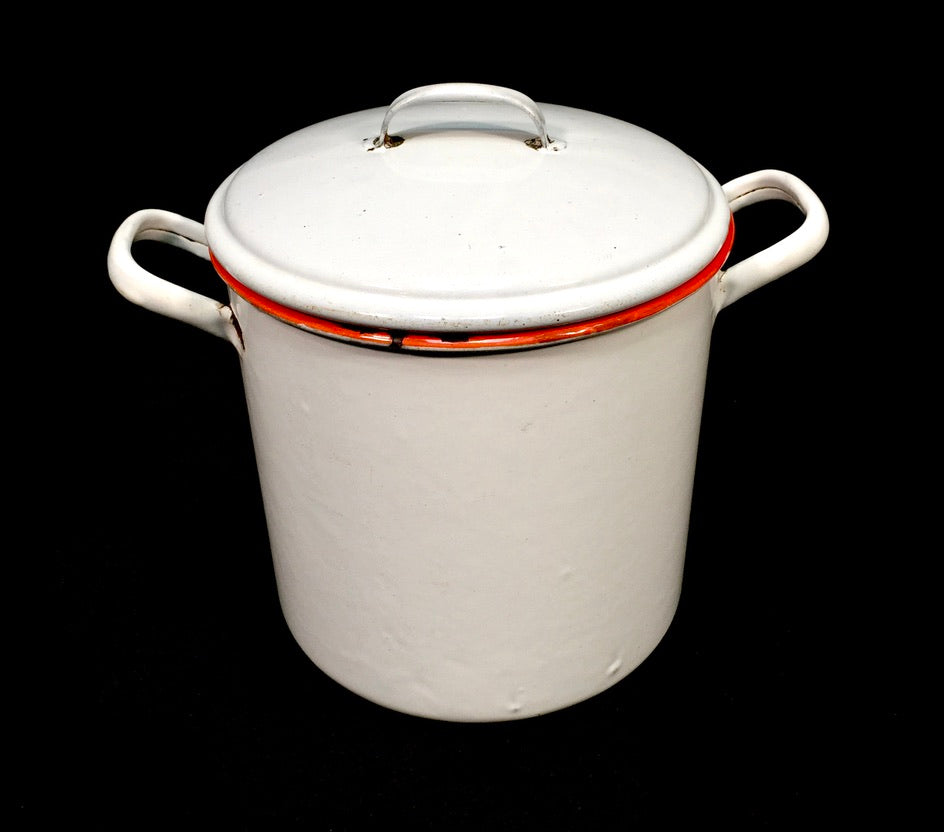 Antique Kitchenalia - White & Red Enamel Flour Bin with Lid Storage Box c.1950
