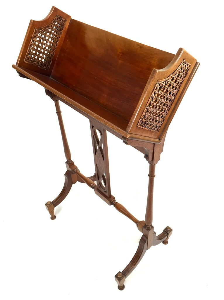 Antique Edwardian Mahogany Wooden Book Trough Display Stand Shelf Cane Panels