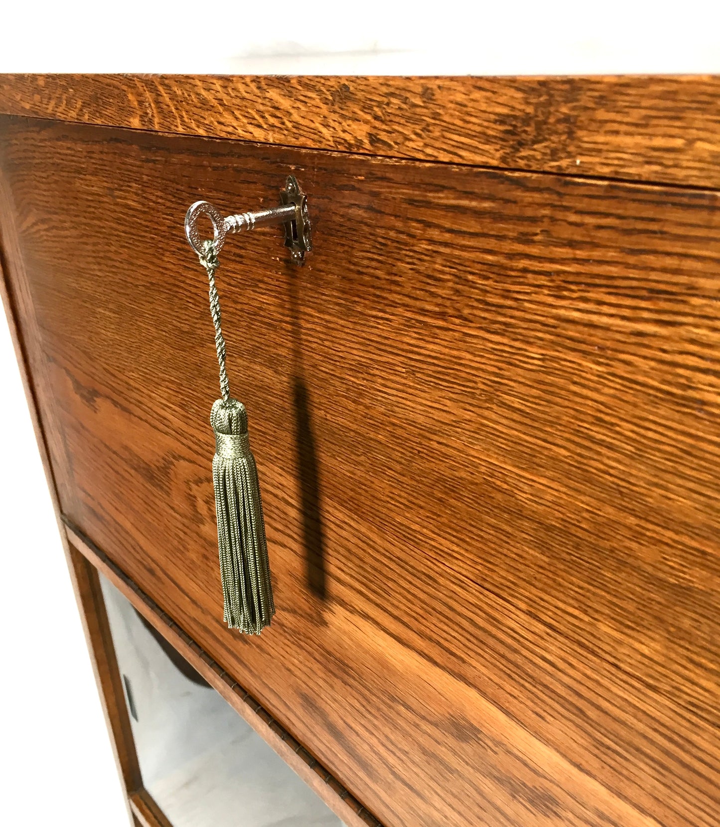 Antique Wooden Oak Bookcase Shelf and Bureau Combination / Mid Century / Key